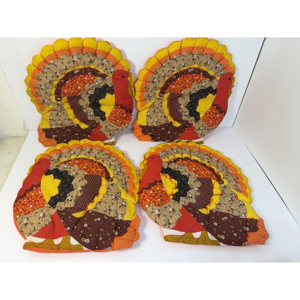 Quilted Turkey Handmade Thanksgiving Decor Placemats‎ Set of 4 Vintage Holiday
